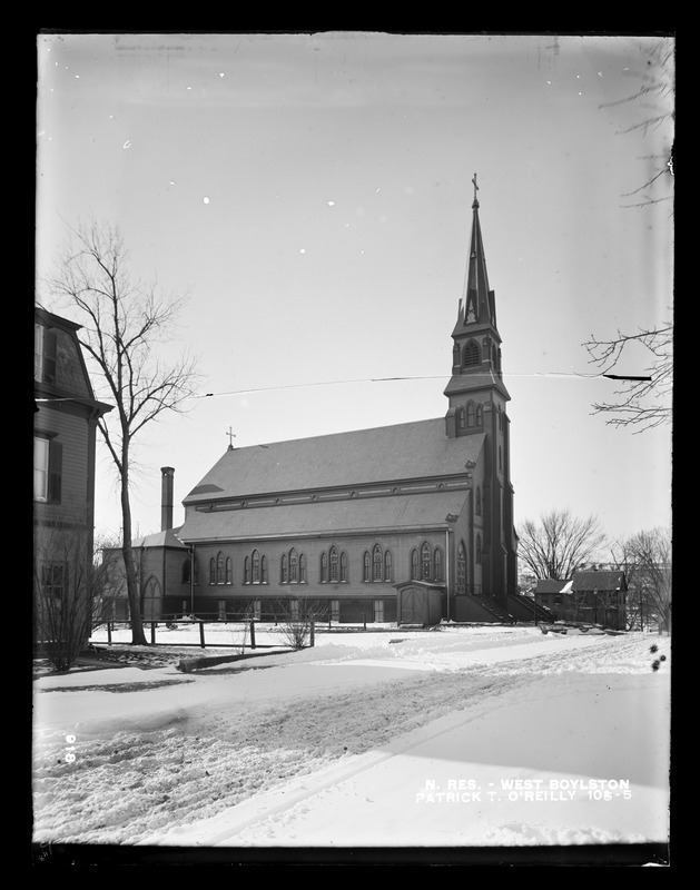 Wachusett Reservoir, Patrick T. O'Reilly, Catholic Church, on the south side of East Main Street near Holbrook Street, from the northeast in East Main Street, West Boylston, Mass., Dec. 17, 1896
