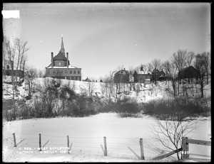 Wachusett Reservoir, Patrick T. O'Reilly, Catholic Church, house and stable, on the south side of East Main Street near Holbrook Street, from the south, near Central Massachusetts Railroad track, West Boylston, Mass., Dec. 17, 1896