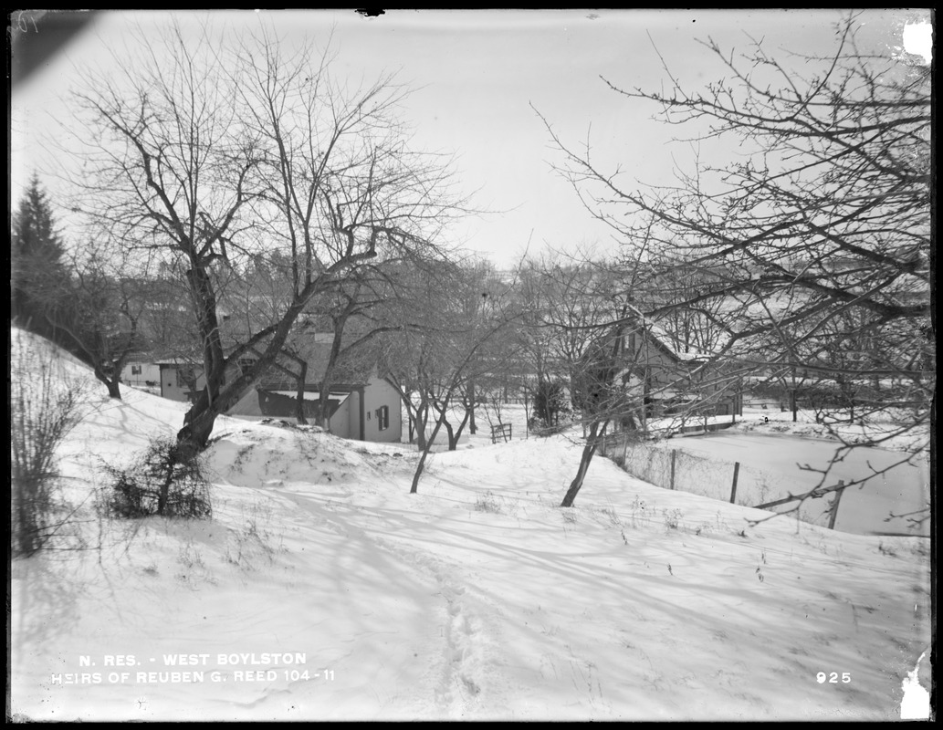 Wachusett Reservoir, Reuben G. Reed's heirs' buildings, on the east side of North Main Street, from the north in orchard back of the buildings, West Boylston, Mass., Dec. 17, 1896