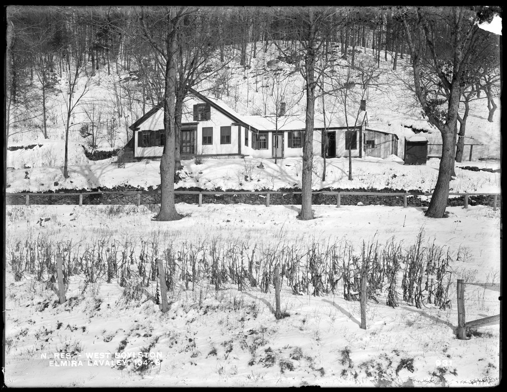 Wachusett Reservoir, Elmira Lavaley's house, on the east side of North Main Street, from the southwest on Central Massachusetts Railroad track, West Boylston, Mass., Dec. 17, 1896