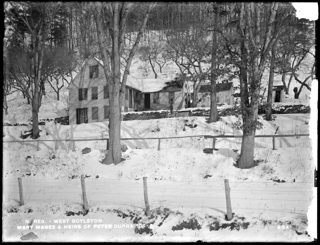 Wachusett Reservoir, Mary Magee's and Peter Dupra's heirs' house, on the east side of North Main Street, from the southwest on Central Massachusetts Railroad track, West Boylston, Mass., Dec. 17, 1896