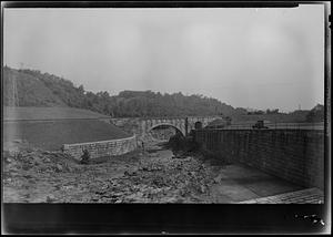 Wachusett Dam, upper end of waste channel, Railroad Bridge, looking downstream, Clinton, Mass., Aug. 1945