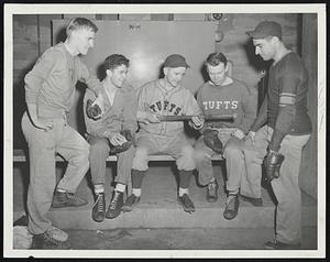 Preparing for the Jumpoff and awaiting the Windup are members of two Tufts College athletic teams. The baseballers, left to right George Blackburn, Warren "Hop" McKinnon, Coach Jit Ricker, Frank Bennett and John Colareso are preparing for the season's opener with Fort Devens, April 17.