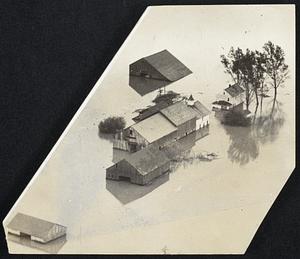 Top left, all that remains of Aubrey Bowman’s dairy barn at South Sudbury. Of 28 head of cattle, one was killed and two critically injured. Top right, aerial view of a farm inundated by flood waters which swept through central and western Massachusetts. Bottom, farmer’s wife drying out winter’s supply of preserves which she rescued from cellar.