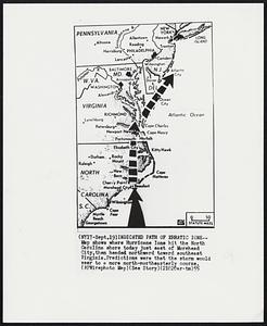 Indicated Path of Erratic Ione--Map shows where Hurricane Ione hit the North Carolina shore today just east of Morehead City, then headed northward toward southeast Virginia. Predictions were that the storm would veer to a more north-northeasterly course.