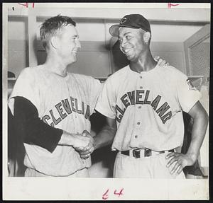 Put Indian Sign on Yanks- Pitcher Bob Lemon (left) and Center Fielder Larry Doby were the big noises in Cleveland's 7-2 triumph over the Yankees at Yankee Stadium yesterday. Lemon had a shutout going until the ninth, while Doby hit two homers and a single.
