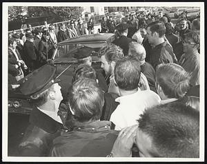 GE Picket crowd around car trying to enter GE plant Lynn.
