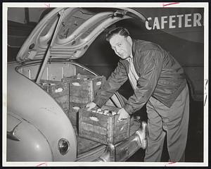 Self-Service!--Like many another market man, George Fairneny of the Oakside Market, 211 Harrison Ave., South End, picks up his milk supply in his own car at Whiting Milk Company in Charlestown as strike of drivers halts deliveries.