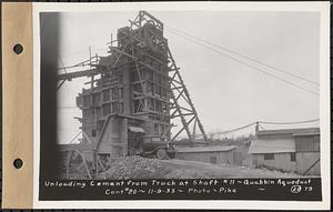 Contract No. 20, Coldbrook-Swift Tunnel, Barre, Hardwick, Greenwich, unloading cement from truck at Shaft 11, Quabbin Aqueduct, Hardwick, Mass., Nov. 9, 1933