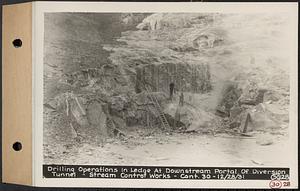 Contract No. 30, Stream Control Works at Main Dam, Swift River Reservoir, Belchertown, Enfield, Ware, drilling operations in ledge at downstream portal of diversion tunnel, stream control works, Belchertown, Mass., Dec. 28, 1931