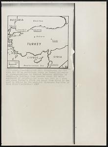 Earthquake Hits Turkey--Map locates area hit by an earthquake today in Turkey. Epicenter of quake, according to Turkish interior ministry in Ankara, was Bartin, a town located about 200 miles northeast of Istanbul. The quake was felt in a wide arc along Turkey's Black Sea coast from Sivas in the east to Edirne in the west.