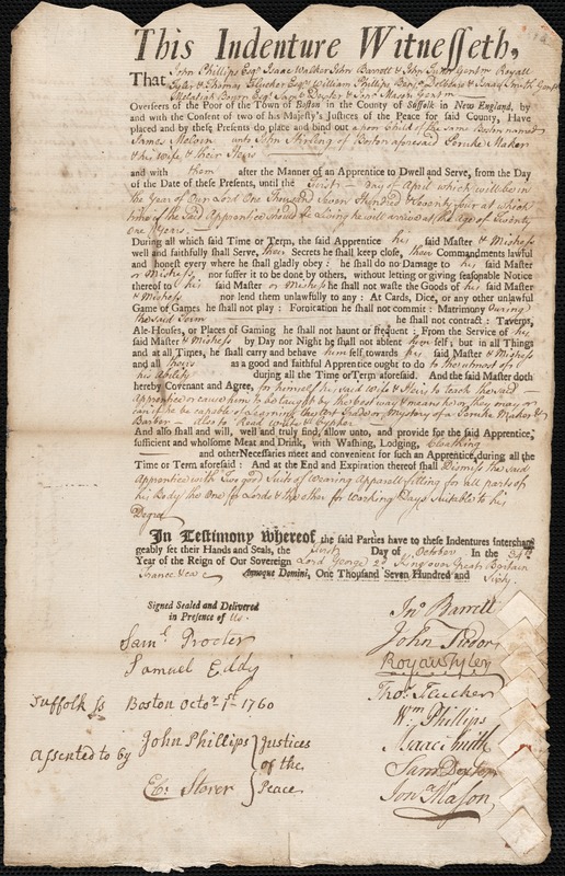 James Melvin indentured to apprentice with John Stirling of Boston, 10 October 1760