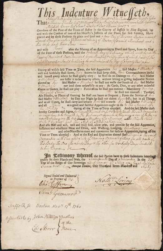 Daniel Hanglin indentured to apprentice with Nathaniel Loring of Boston, 1760