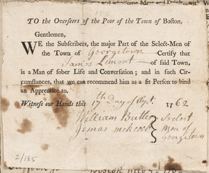John Burk indentured to apprentice with James Lamont of Georgetown, 1762