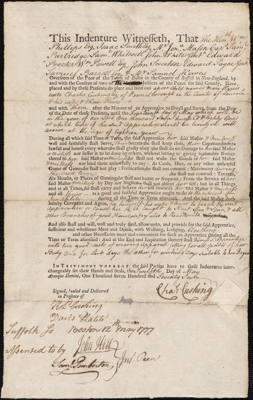 Mary Harris indentured to apprentice with Charles Cushing of Pownalborough, 1777