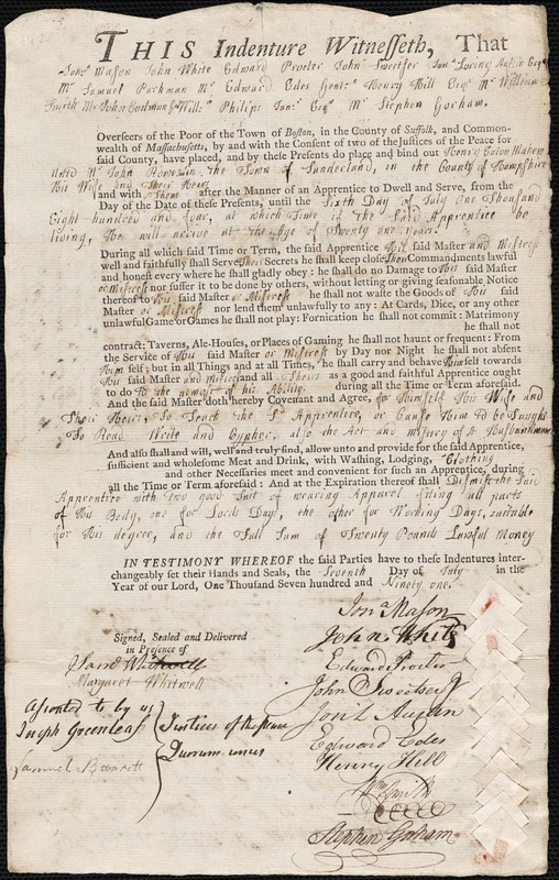 Henry Eaton Mahew indentured to apprentice with John Rowe,  Jr. of Sunderland, 1791