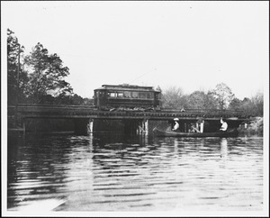 So. Middlesex Street Railroad car crossing the trestle over the Charles Rover at west end of Charles River St., coming from Natick