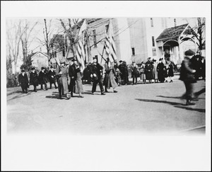 "Color bearers" WWI Victory Day Parade in Needham Square, corner of Highland Avenue and Great Plain Avenue