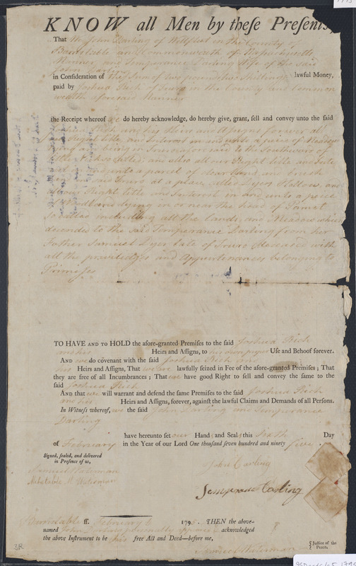 Deed of property in Truro sold to Joshua Rich of Truro by John Darling and Temperance Darling (wife of John) of Wellfleet