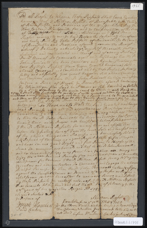 Deed of property in Barnstable sold to John Parsafall (also Pasifall, Percivall) of Sandwich by Nathan Bassett of Barnstable