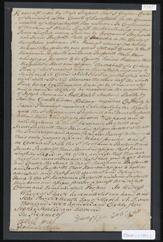 Deed of property in Barnstable sold to James Parsevill and Benjamin ...