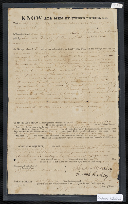 Deed of property in Barnstable sold to Ausmon Bursley of Barnstable by Abner Hinckley of Barnstable