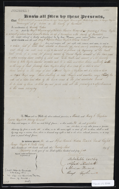 Deed of property in Brewster sold to Mary J. (?) Hopkins, Amasa Taylor