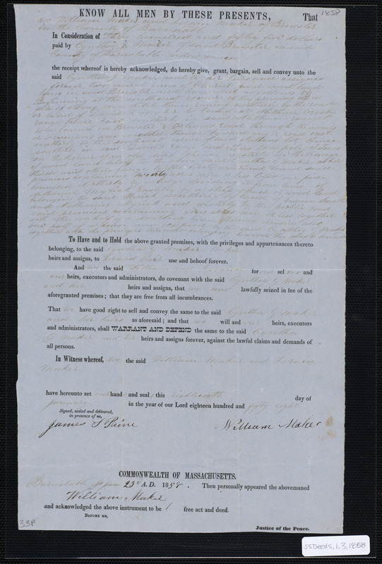 Deed of property in Brewster sold to Cyntha G. Maker of Brewster by