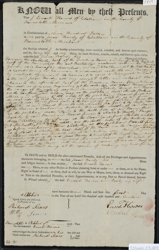 Deed of property in Chatham sold to Isaac Hardy of Chatham by Enoch ...