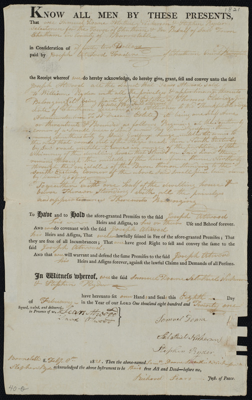 Deed of property in Chatham sold to Joseph Atwood of Chatham by Samuel ...