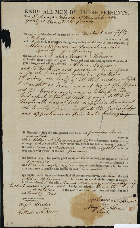 Deed of property in Chatham sold to Alden Nickerson of Harwich by Amaza Nickerson and Mary Nickerson of Harwich