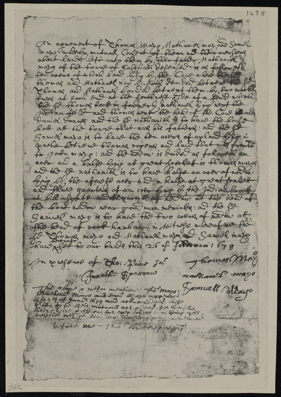 Deed of property in Eastham sold to Thomas Mayo, Nathaniel Mayo, and Samuel Mayo of Eastham by Nathaniel Mayo (estate of) of Eastham