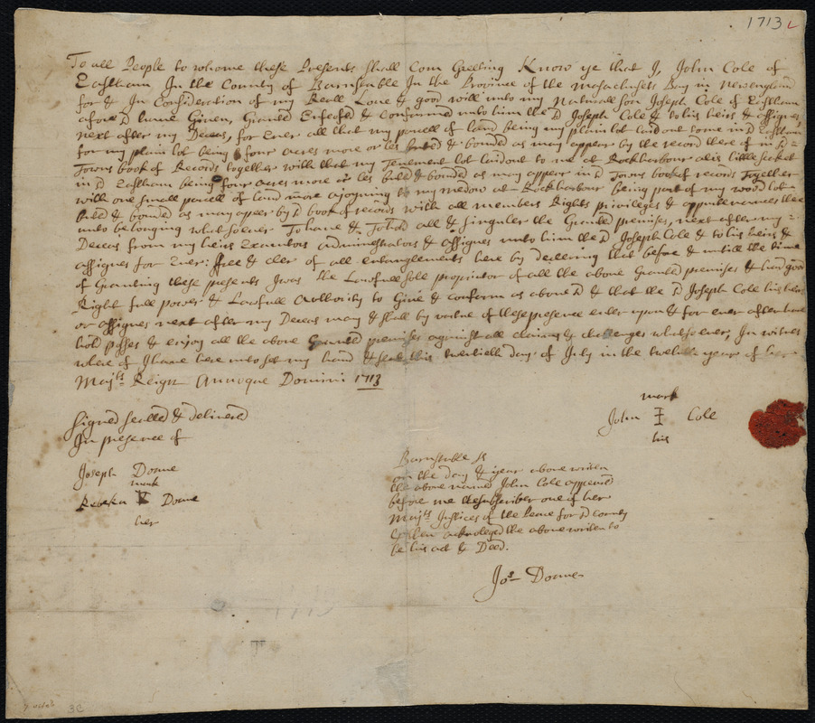 Deed of property in Eastham sold to Joseph Cole of Eastham by John Cole of Eastham