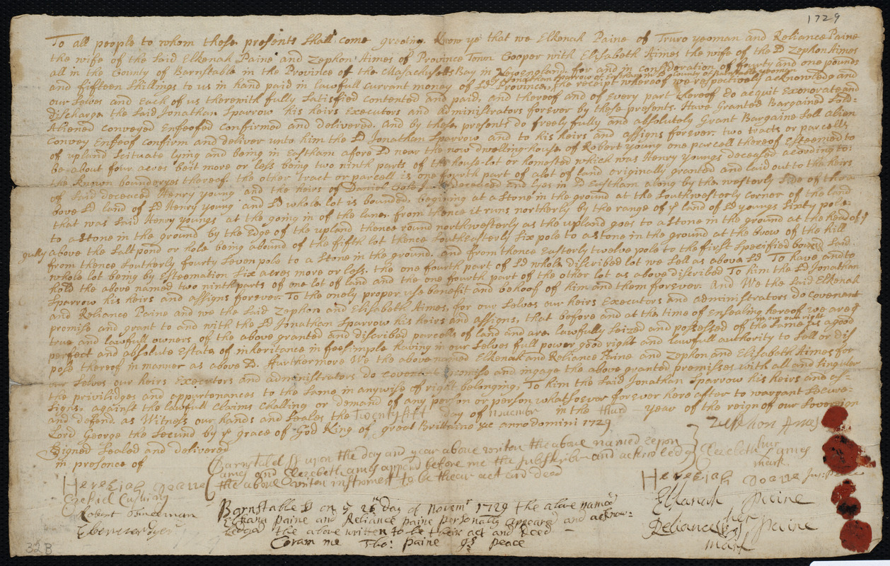 Deed of property in Eastham sold to Jonathan Sparrow of Eastham by