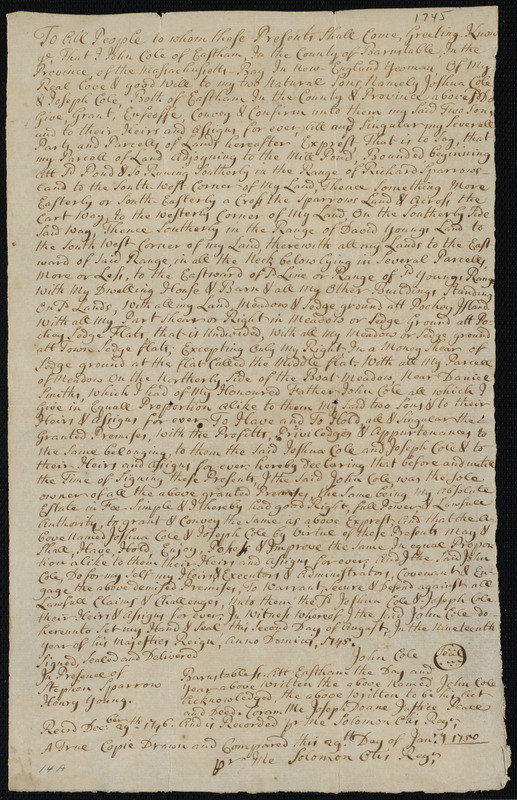 Deed of property in Eastham sold to Joshua Cole and Joseph Cole of Eastham by John Cole of