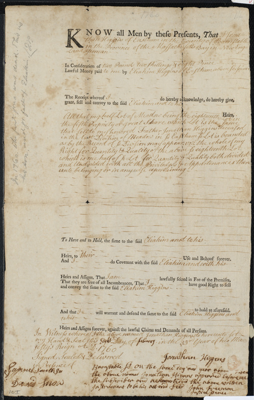 Deed of property in Eastham sold to Eliakim Higgins of Eastham by Jonathan Higgins of Eastham