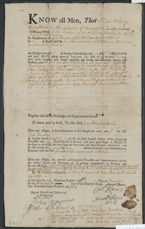 Deed of property in Eastham sold to Jonathan Sparrow of Eastham by Enos Knowles and Sarah