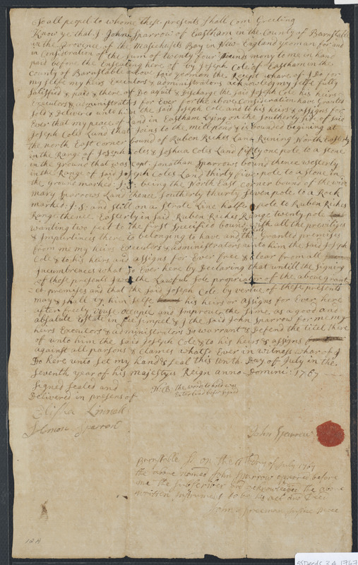 Deed of property in Eastham sold to Joseph Cole of Eastham by John Sparrow of Eastham Digital