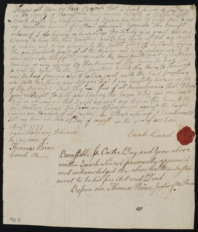 Deed of property in Eastham sold to Jonathan Linnel of Eastham by Enoch Linnel of Eastham