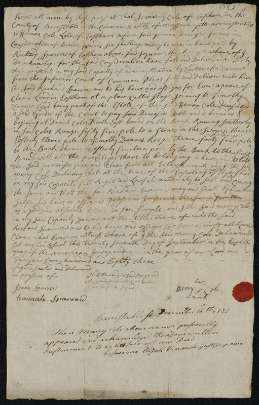 Deed of property in Eastham sold to Richard Sparrow of Eastham by Mercy Cole of Eastham