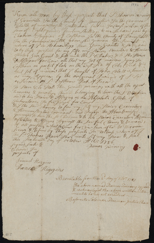 Deed of property in Eastham sold to Eliakim Higgins of Eastham by