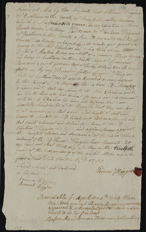 Deed of property in Eastham sold to Eliakim Higgins of Eastham by Prince Higgins of Eastham