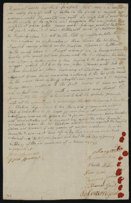 Deed of property in Eastham sold to Eliakim Higgins of Eastham by Nicholas Avery of Eastham