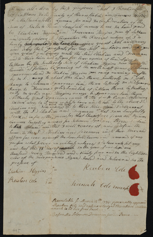 Deed of property in Eastham sold to Higgins Freeman of Eastham by Ruben