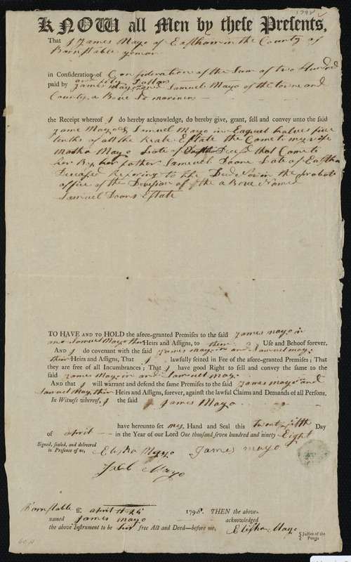 Deed of property in Eastham sold to James Mayo Jr. and Samuel Mayo of Eastham by James Mayo of