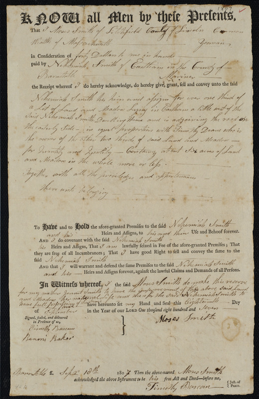 Deed of property in Eastham sold to Nehemiah Smith of Eastham by Moses