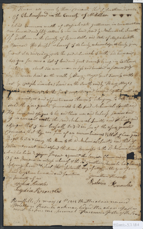 Deed of property in Eastham sold to Nehemiah Smith of Eastham by