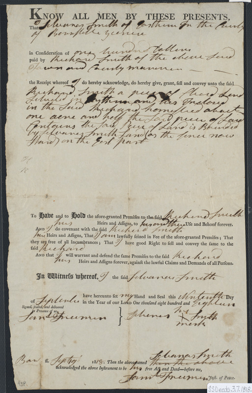 Deed of property in Eastham sold to Richard Smith of Eastham by ...