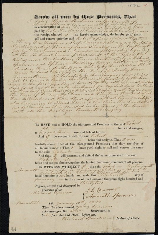 Deed of property in Eastham sold to Robert Mayo of Orleans by Jabez ...