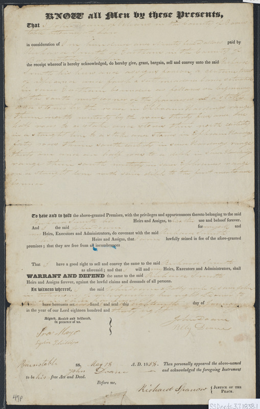 Deed of property in Eastham sold to Richard Smith of Eastham by John Doane of Orleans Digital